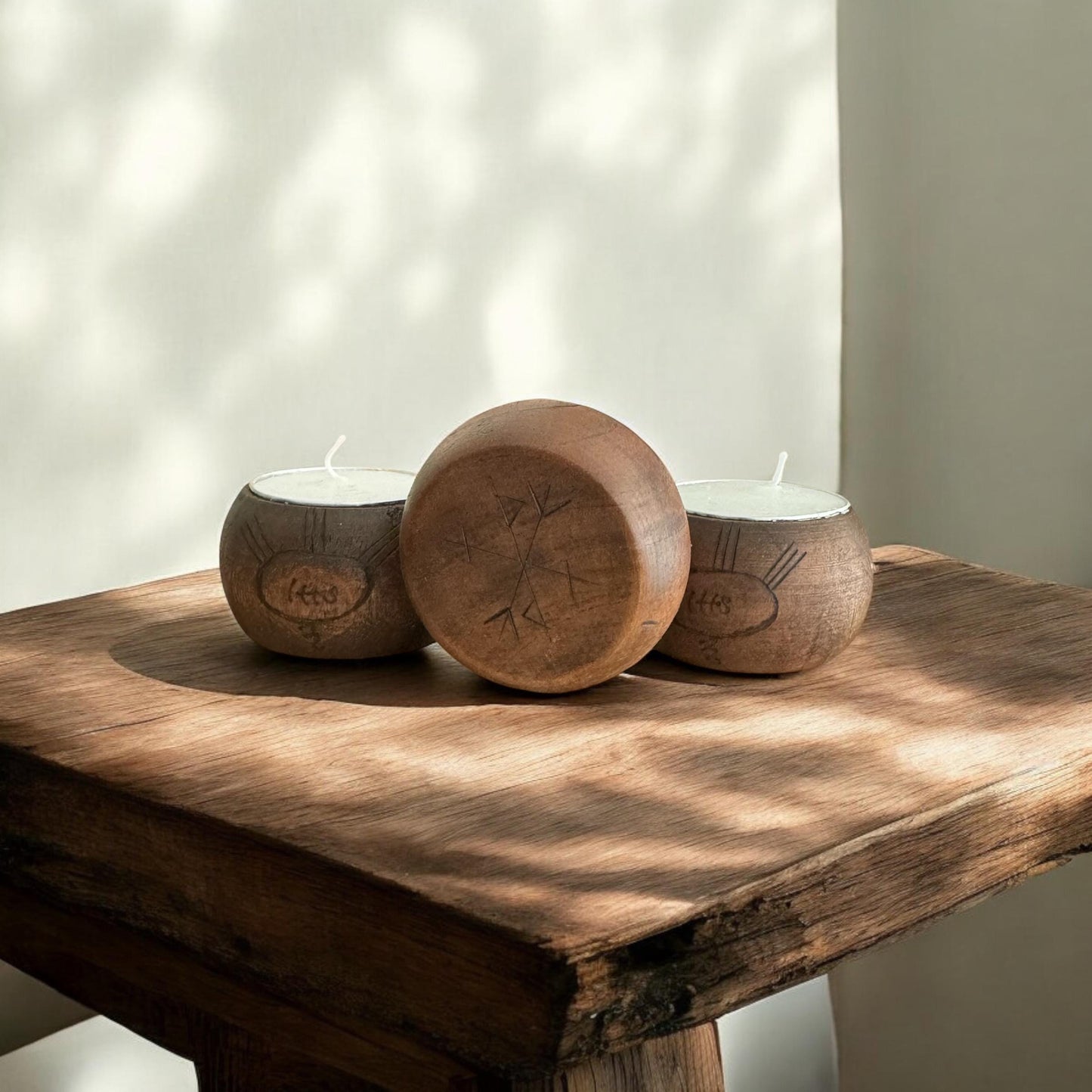 Icelandic Magic Wooden Tea Light Candle Holder + Rune Décor + Norse Witch Pagan Altar Tool