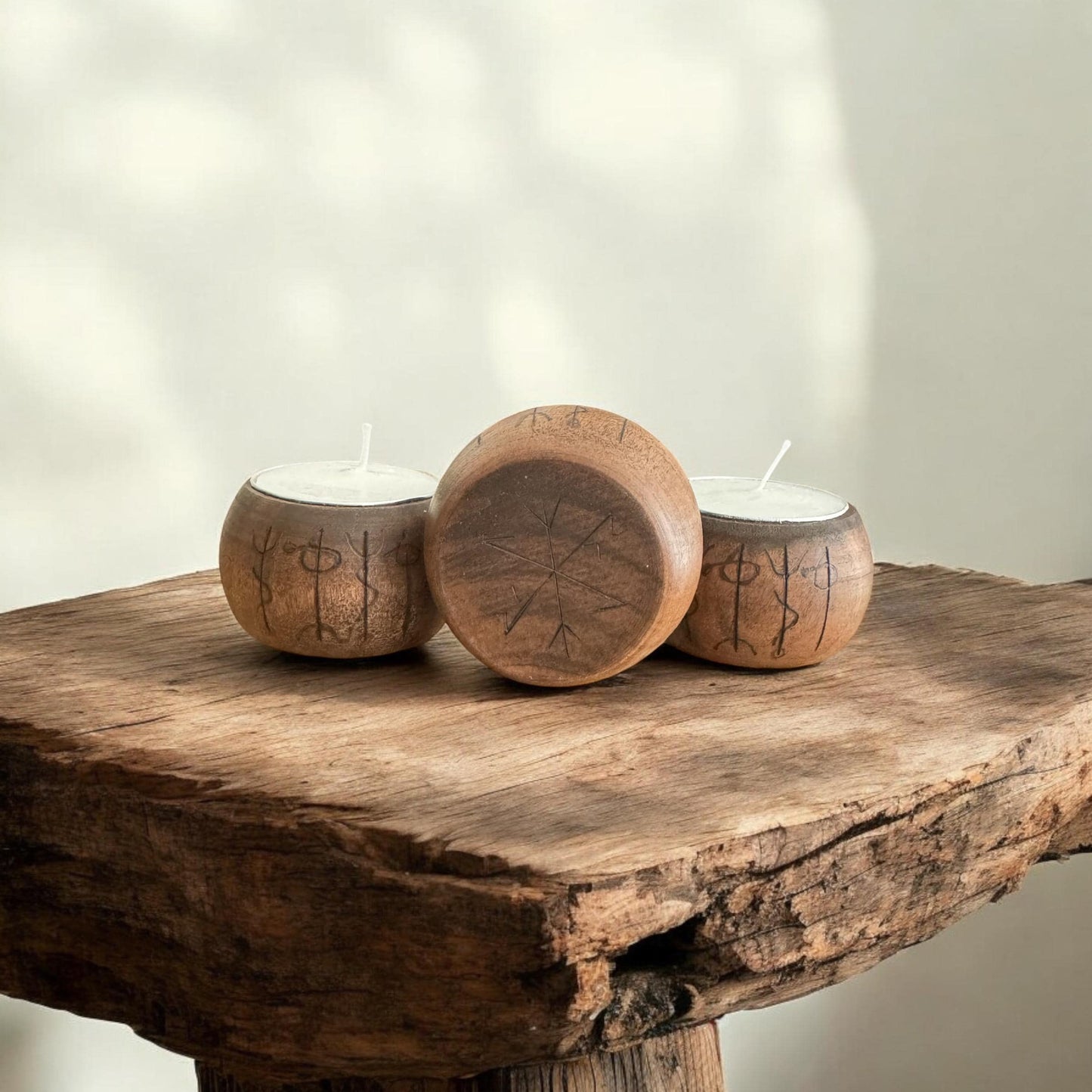 Icelandic Magic Wooden Tea Light Candle Holder + Draumstafur Décor + Norse Witch Pagan Altar Tool