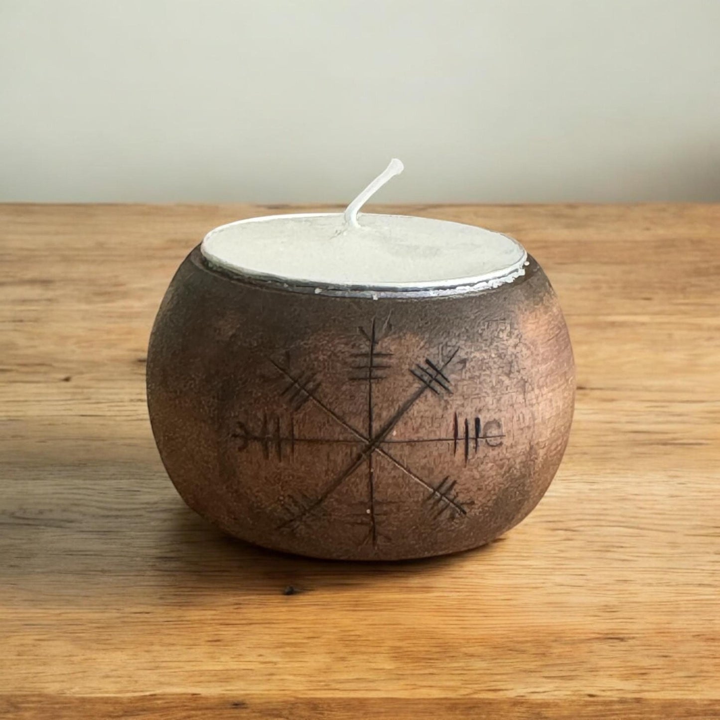 Icelandic Magic Wooden Tea Light Candle Holder + Helm of Awe Décor + Norse Witch Pagan Altar Tool