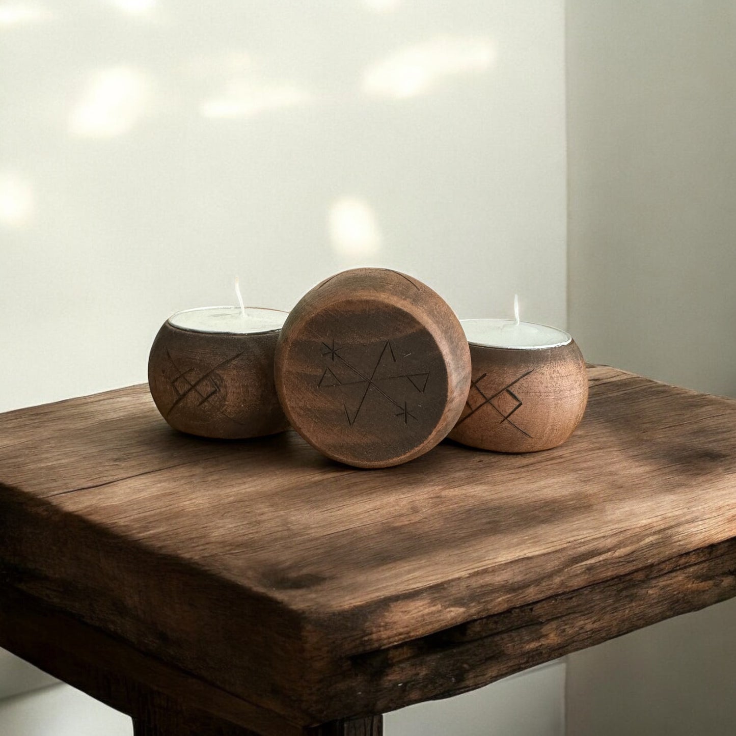 Icelandic Magic Wooden Tea Light Candle Holder + Eternal Love Binding Rune Décor + Norse Witch Pagan Altar Tool