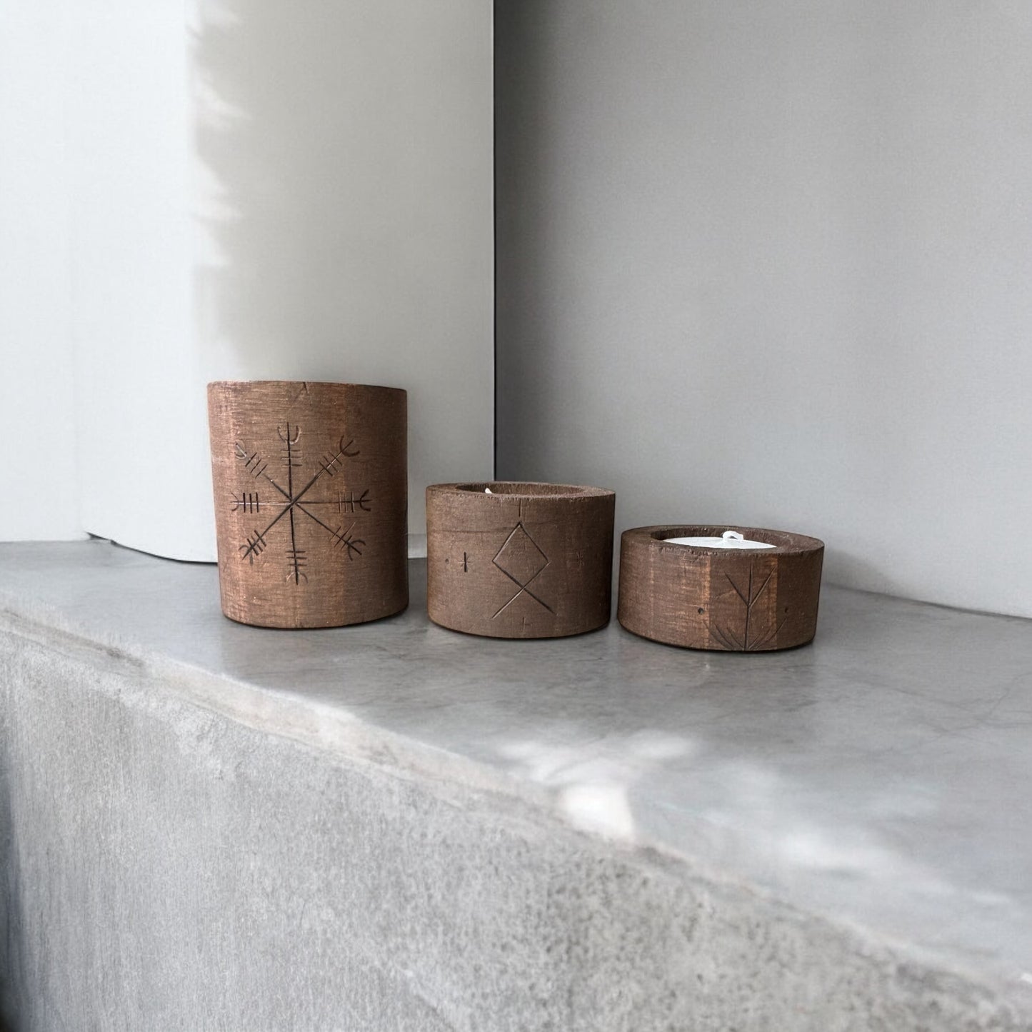 Norse Pagan Wooden Candle Holder Set of 3 + Rune Décor + Norse Pagan Witch Altar Tools