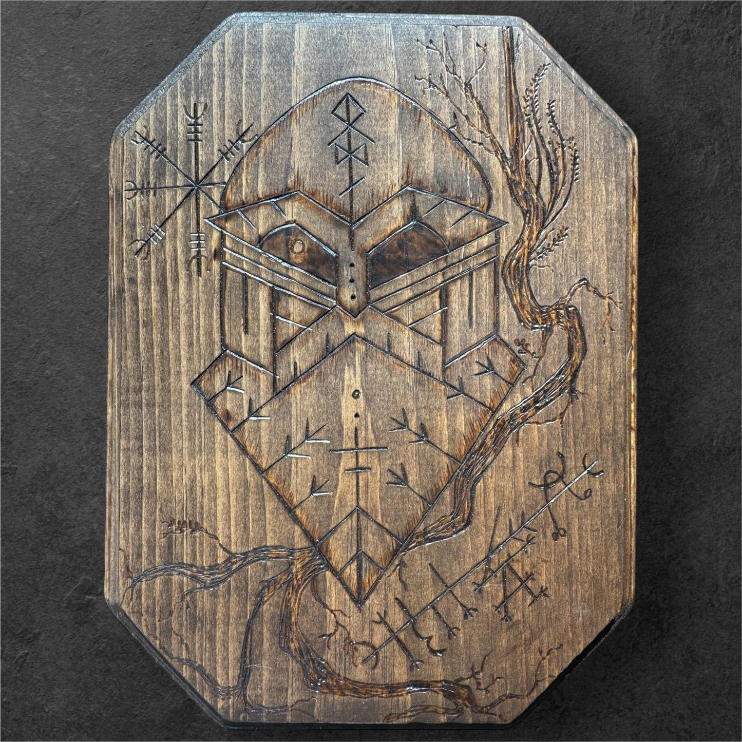 Norse God Odin with Helm of Awe and Luck Stave Wooden Altar Plate + Rune Décor + Norse Witch Pagan Altar Tool