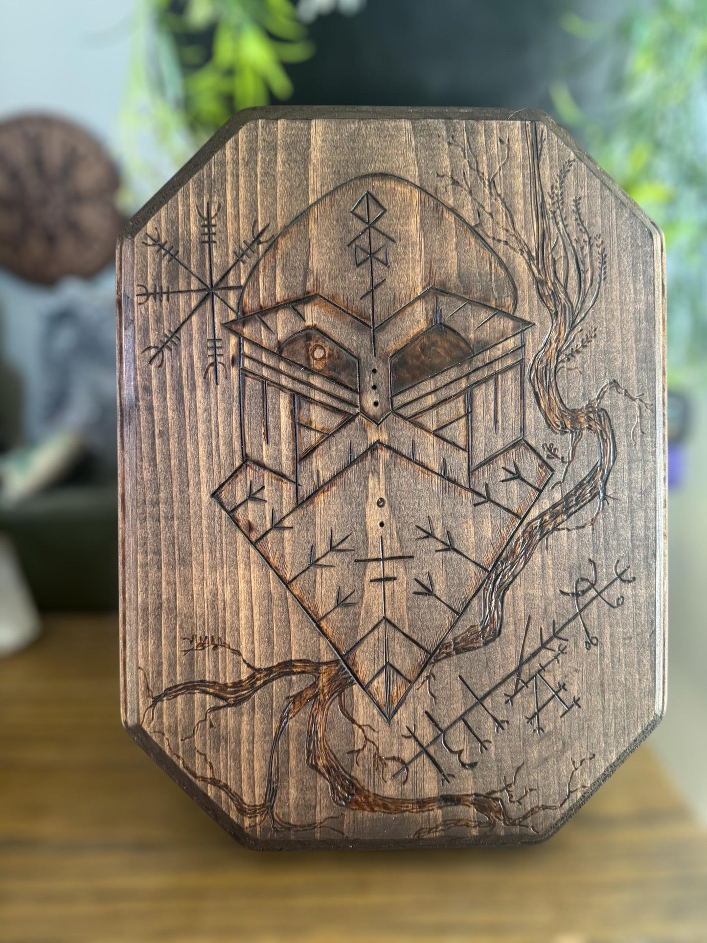 Norse God Odin with Helm of Awe and Luck Stave Wooden Altar Plate + Rune Décor + Norse Witch Pagan Altar Tool