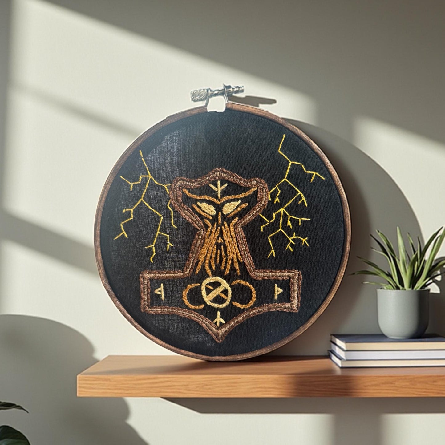 Norse Protection Thor Embroidery Art + Mjolnir Décor + Witch Pagan Altar Tool