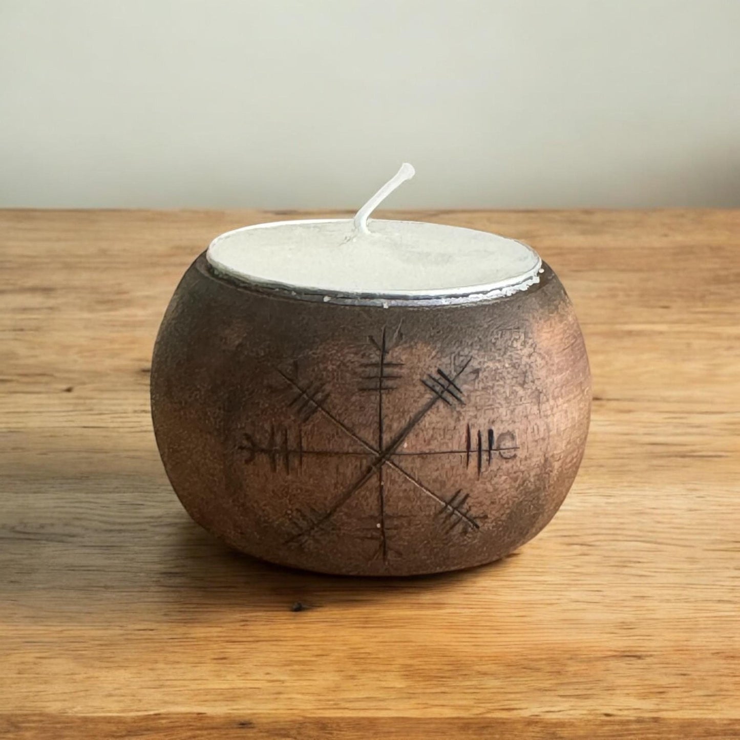 Icelandic Magic Wooden Tea Light Candle Holder + Helm of Awe Décor + Norse Witch Pagan Altar Tool