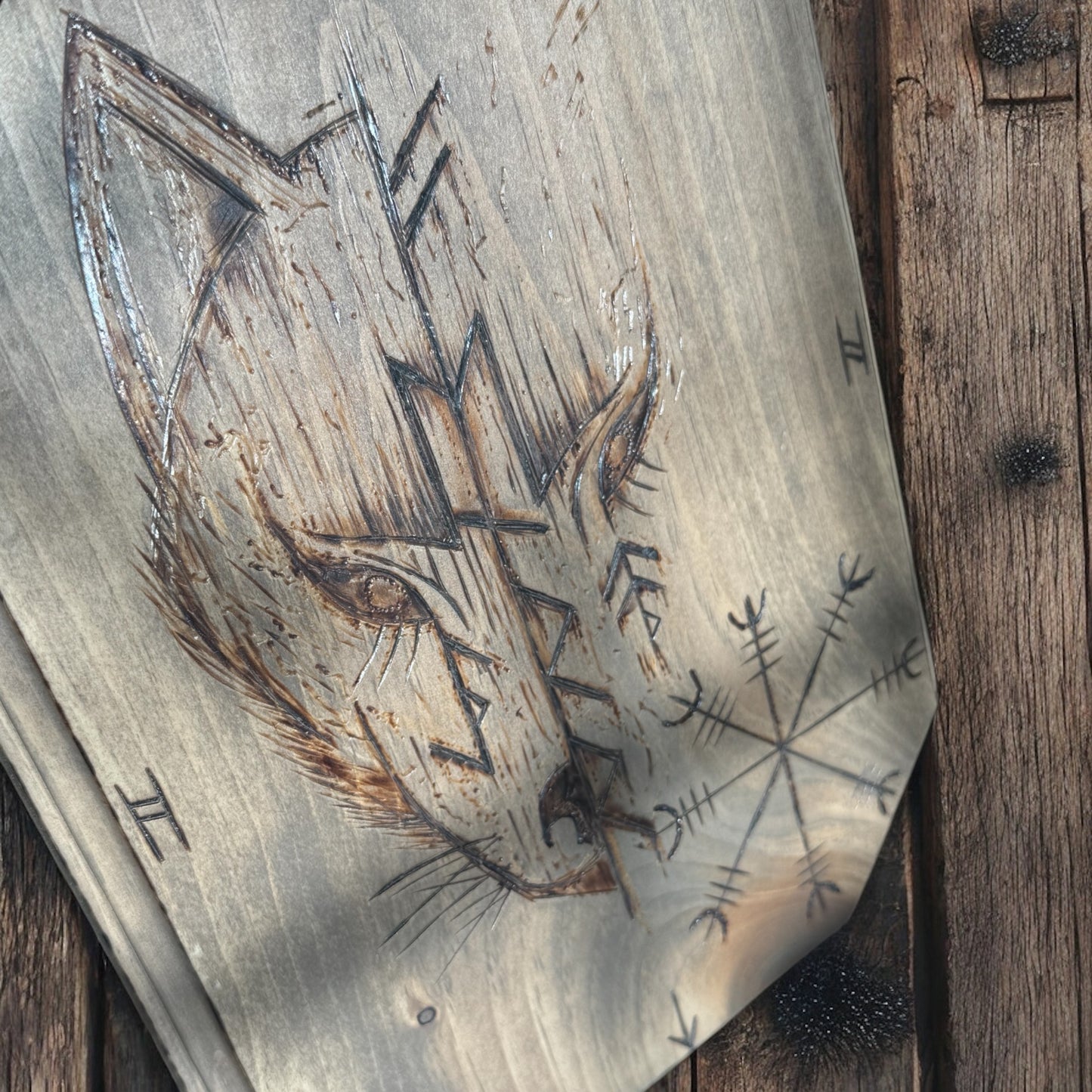 Icelandic Magic Fenrir with Helm of Awe Wooden Altar Plate + Rune Décor + Norse Witch Pagan Altar Tool