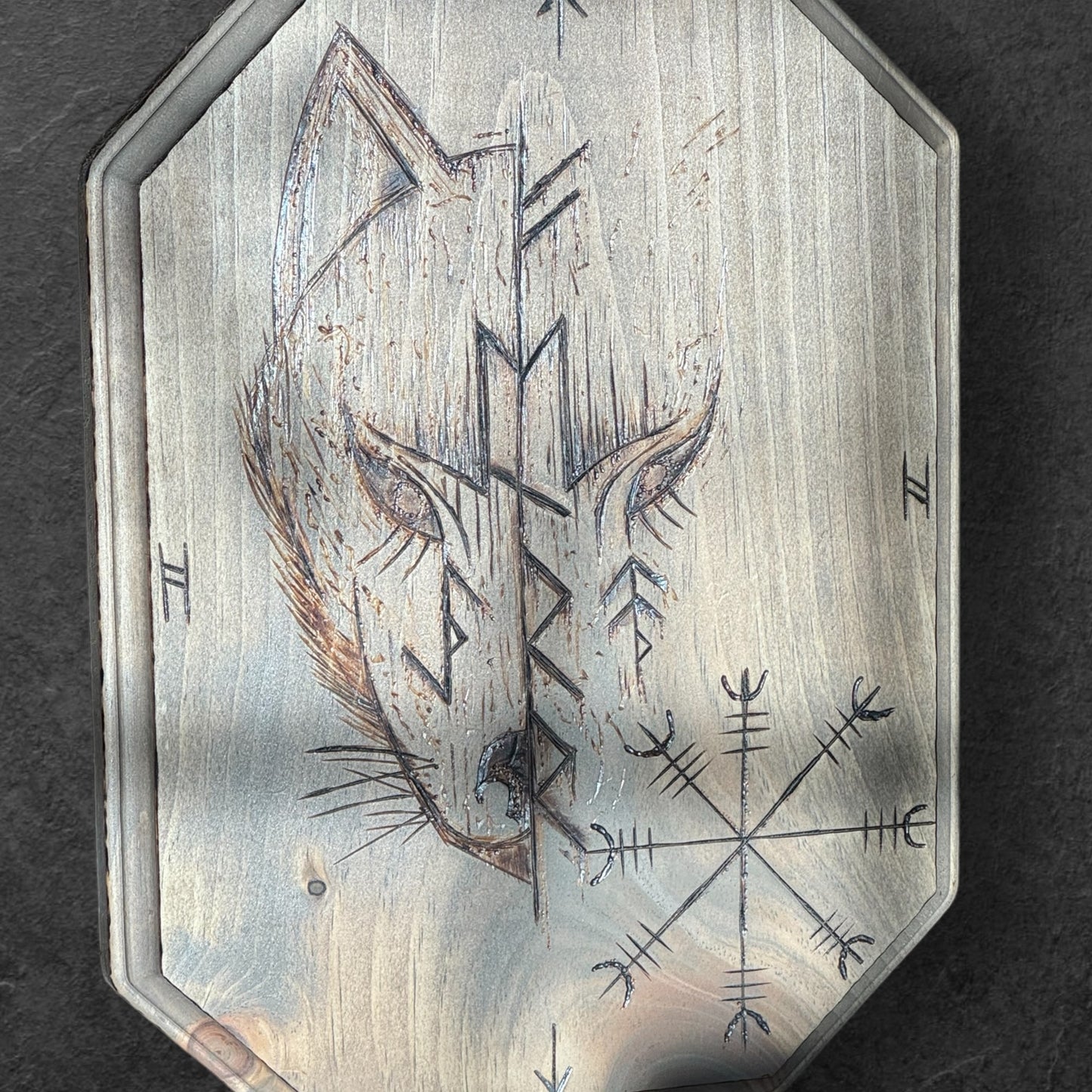 Icelandic Magic Fenrir with Helm of Awe Wooden Altar Plate + Rune Décor + Norse Witch Pagan Altar Tool