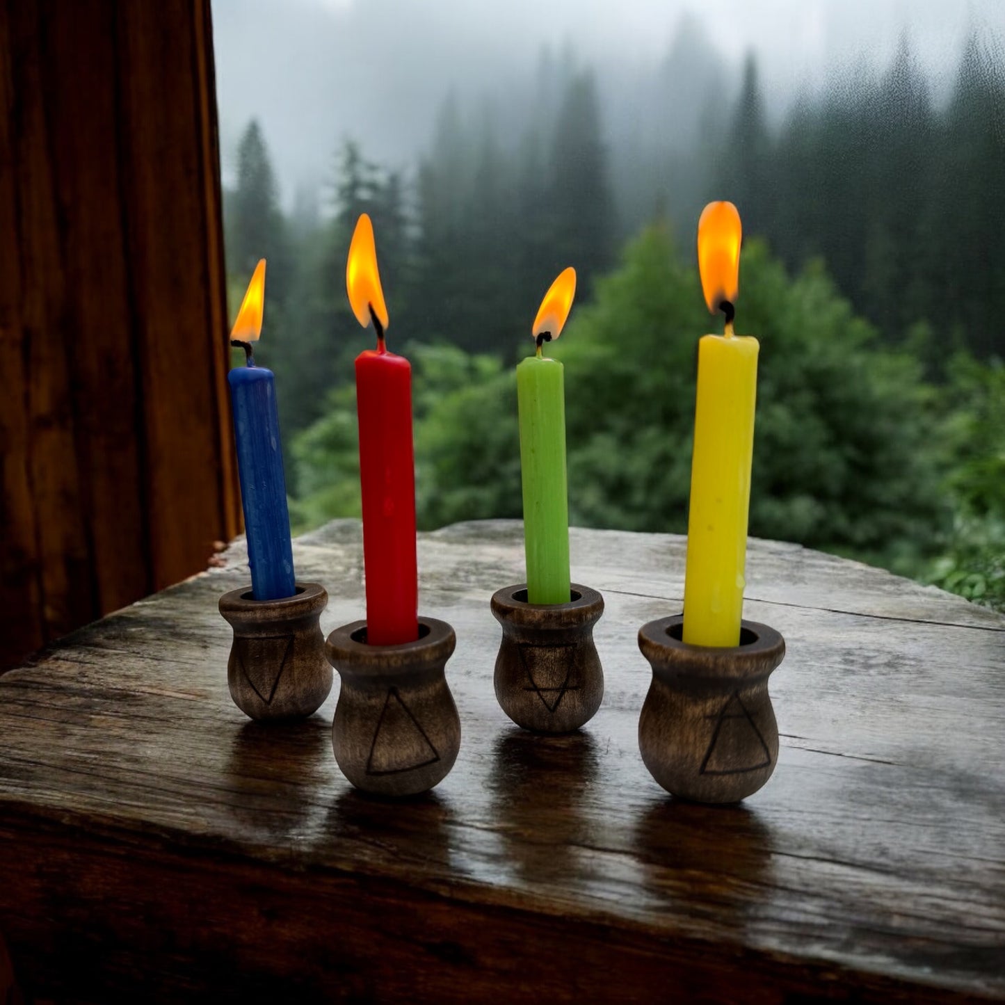 Four Elements Wooden Chime Candle Holder Set + Witch Décor + Wicca Pagan Altar Tool