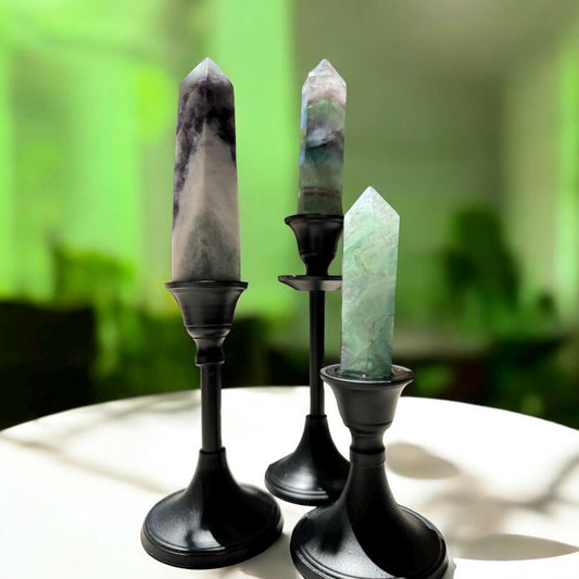 Rainbow Fluorite Crystal Tower Vintage Candelabra Stand + Natural Fluorite Gemstone Polished Tower Display Specimen Boho Witch Pagan Decor