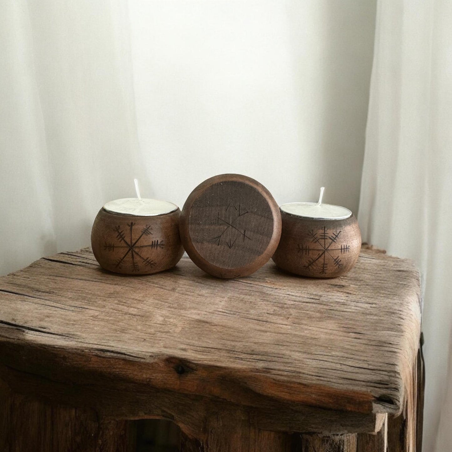 Icelandic Magic Wooden Tea Light Candle Holder + Helm of Awe Décor + Norse Witch Pagan Altar Tool