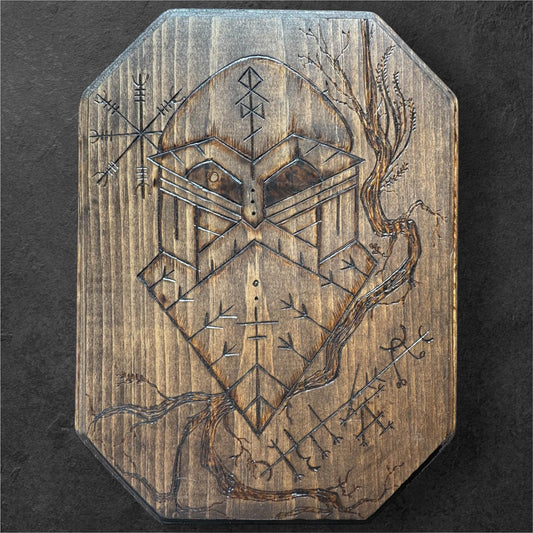 Norse God Odin with Helm of Awe and Luck Stave Wooden Altar Plate + Rune Décor + Norse Witch Pagan Altar Tool