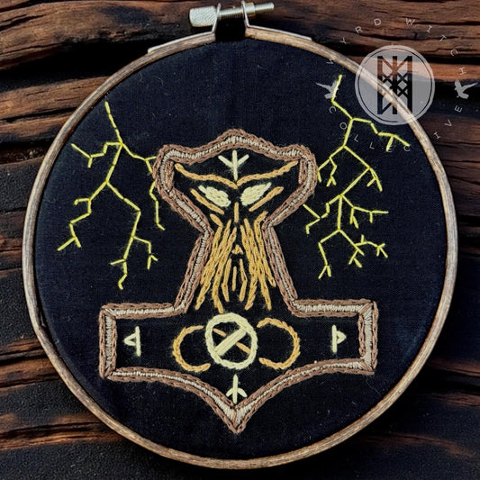 Norse Protection Thor Embroidery Art + Mjolnir Décor + Witch Pagan Altar Tool