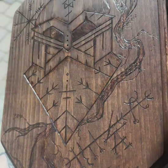 Norse God Odin with Helm of Awe and Luck Stave Wooden Altar Plate + Rune Décor + Norse Witch Pagan Altar Tool