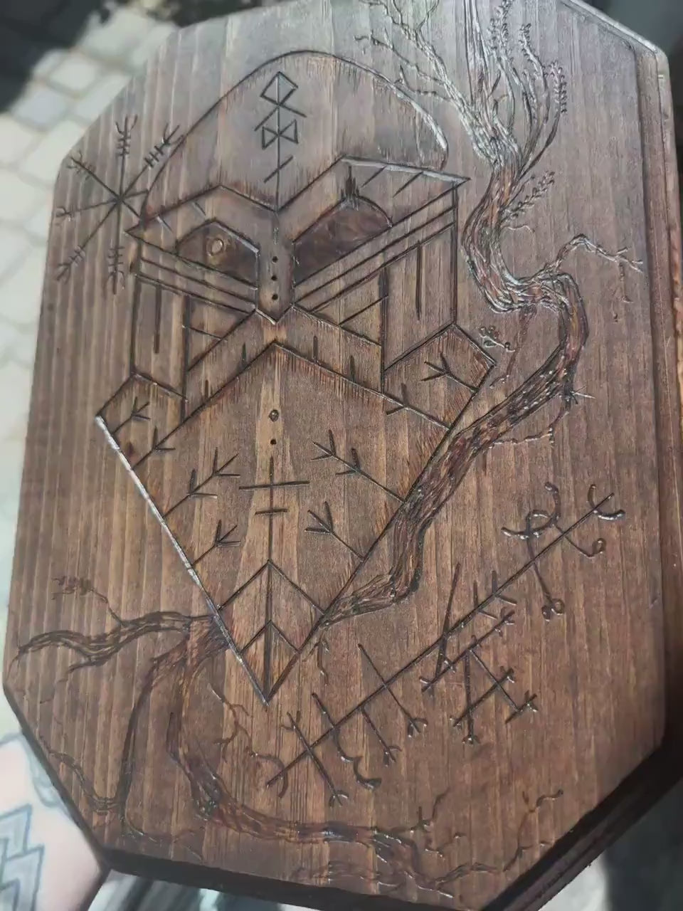 Norse God Odin with Helm of Awe and Luck Stave Wooden Altar Plate + Rune Décor + Norse Witch Pagan Altar Tool